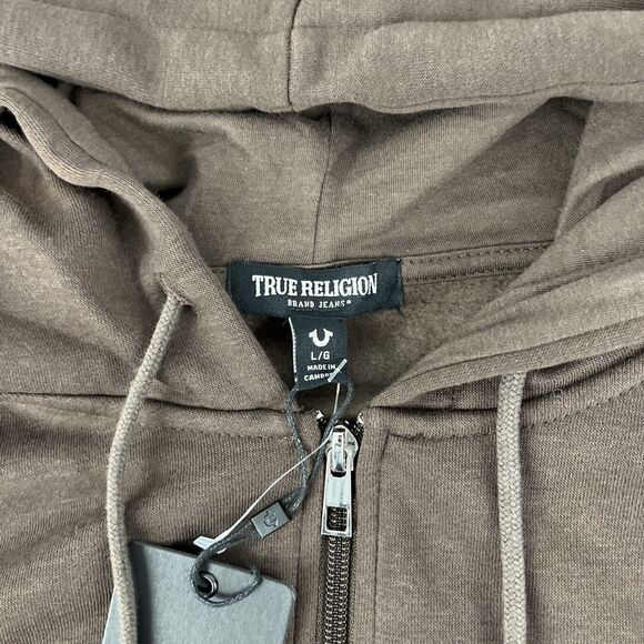 New Mens True Religion Spellout Logo Taping Full Zip Hoodie Size Large Brown NWT - Picture 5 of 9